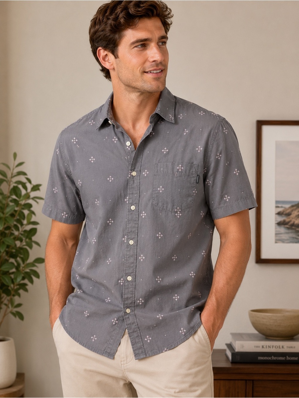 Dockers Gray Geometric Print Short Sleeve Button Down Shirt Men’s Large